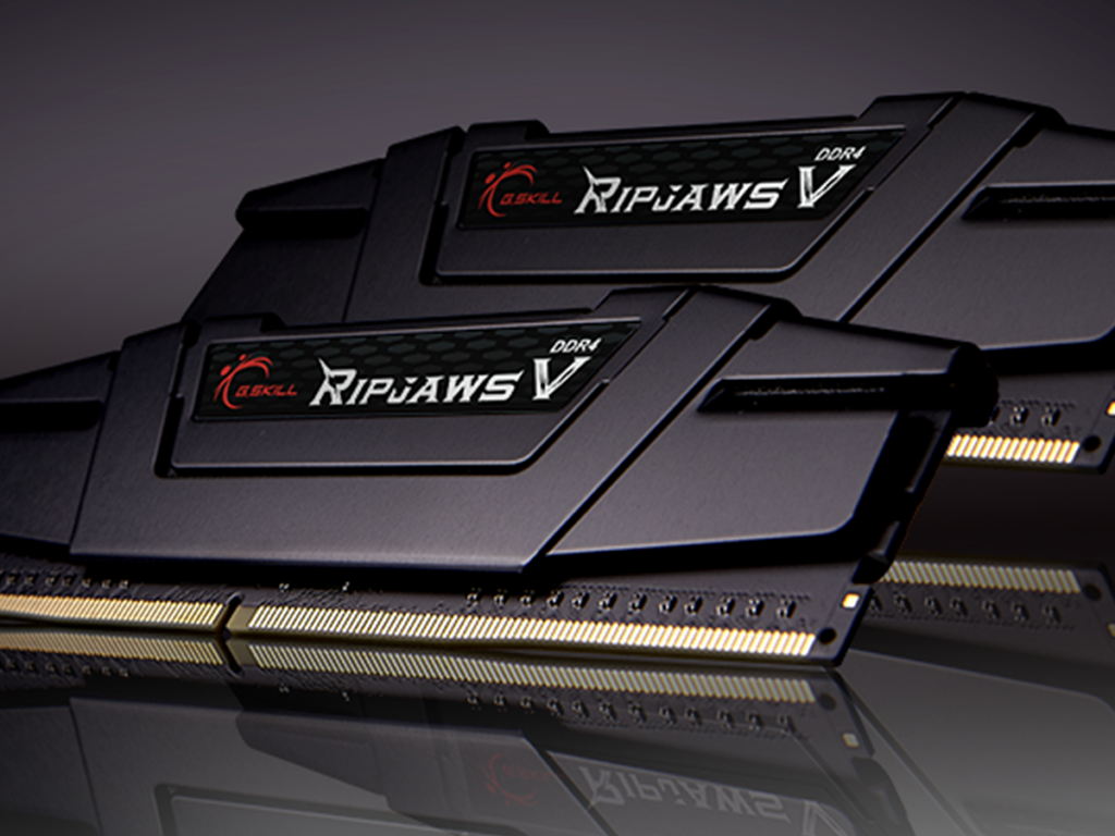 G.SKILL RipjawsV Series DDR4 RAM 16GB DDR4 3200MHz RAM kit installed in dual channel slots on a motherboard for optimal Budget PC speed.