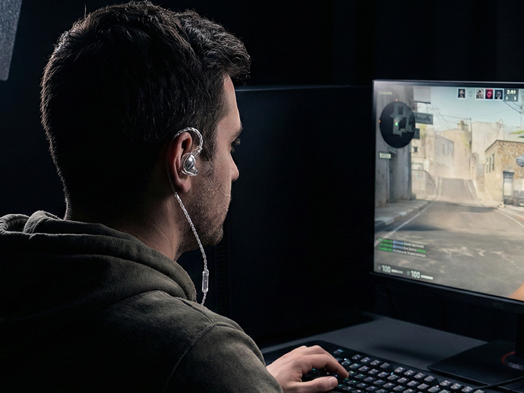 "Gamer with transparent in-ear monitors and braided cables focused on a Counter-Strike match, using a gaming mouse in a blue-lit setup