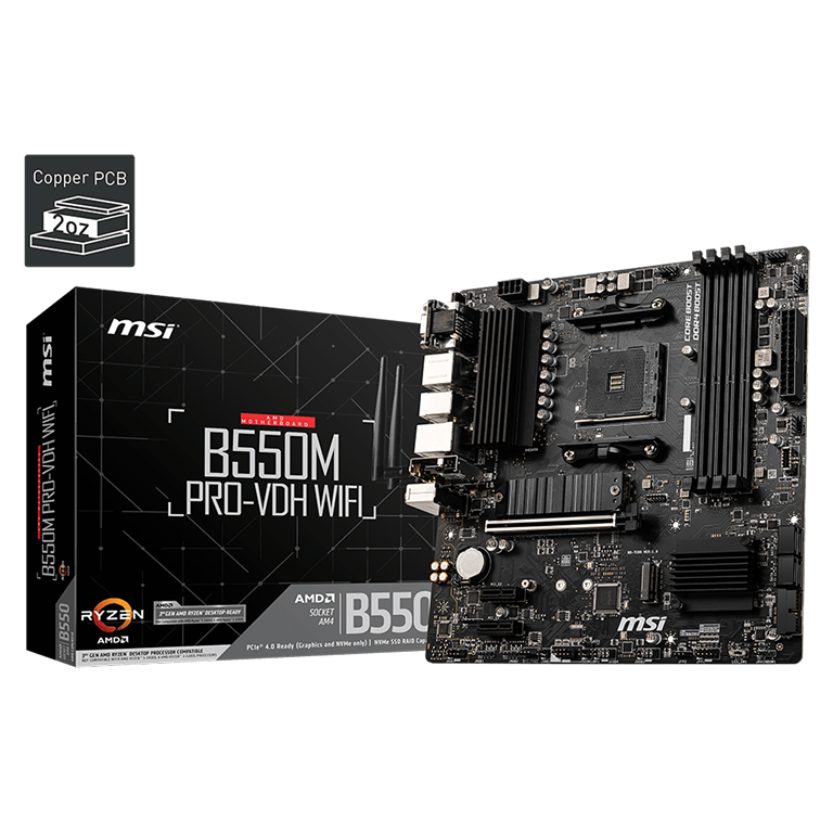 MSI B550M Pro-VDH WiFi Micro-ATX motherboard showing M.2 slots and heatsinks for a budget gaming rig