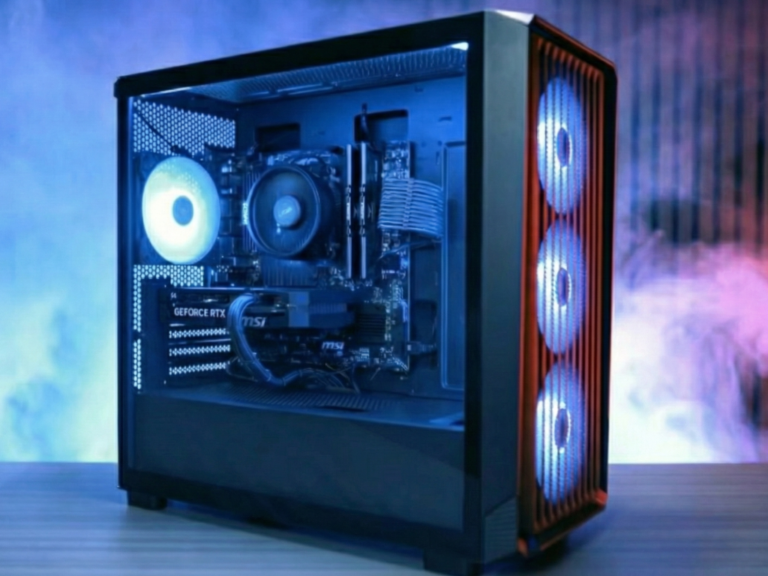 Custom budget gaming PC build with aesthetic RGB lighting and air cooling on a desk.