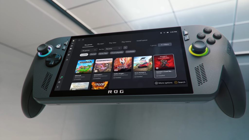 The user interface of the ASUS ROG Xbox Ally displaying the Xbox Game Pass library on a Windows 11 handheld console.
