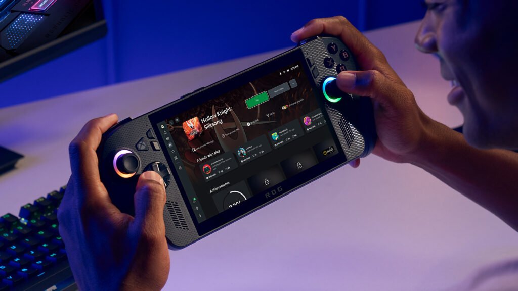 Gamer holding the lightweight ASUS ROG Xbox Ally handheld console, highlighting its portability and 60Wh battery life for travel