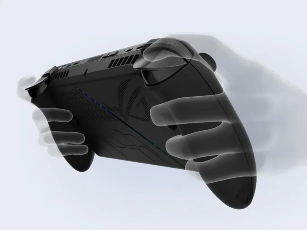 Top view of the ASUS ROG Xbox Ally revealing the USB-C port, MicroSD card slot, and triggers on this white handheld console